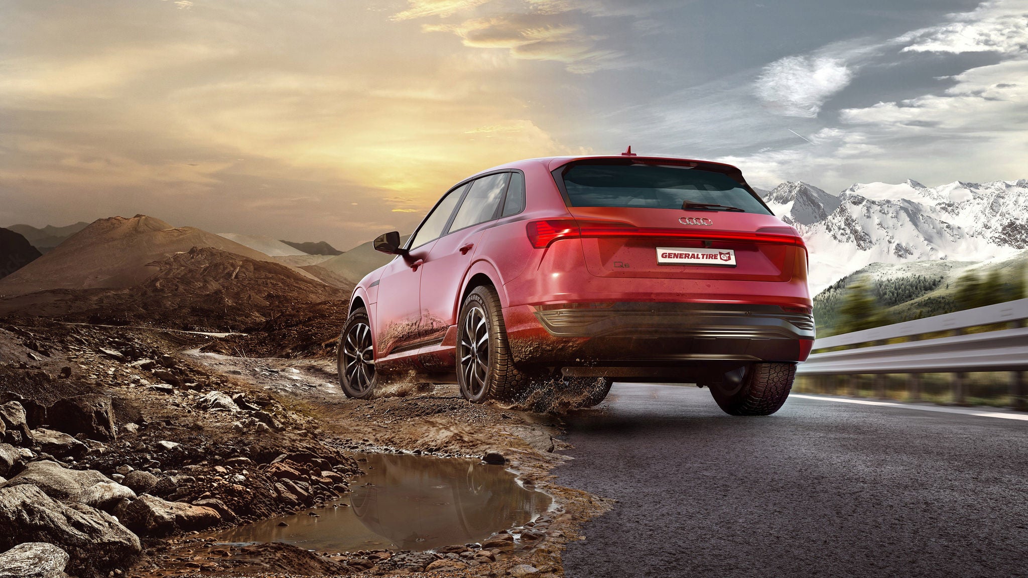 Red SUV equipped with General Tire Grabber Cross A/S tyres leaving the road for off-road terrain.